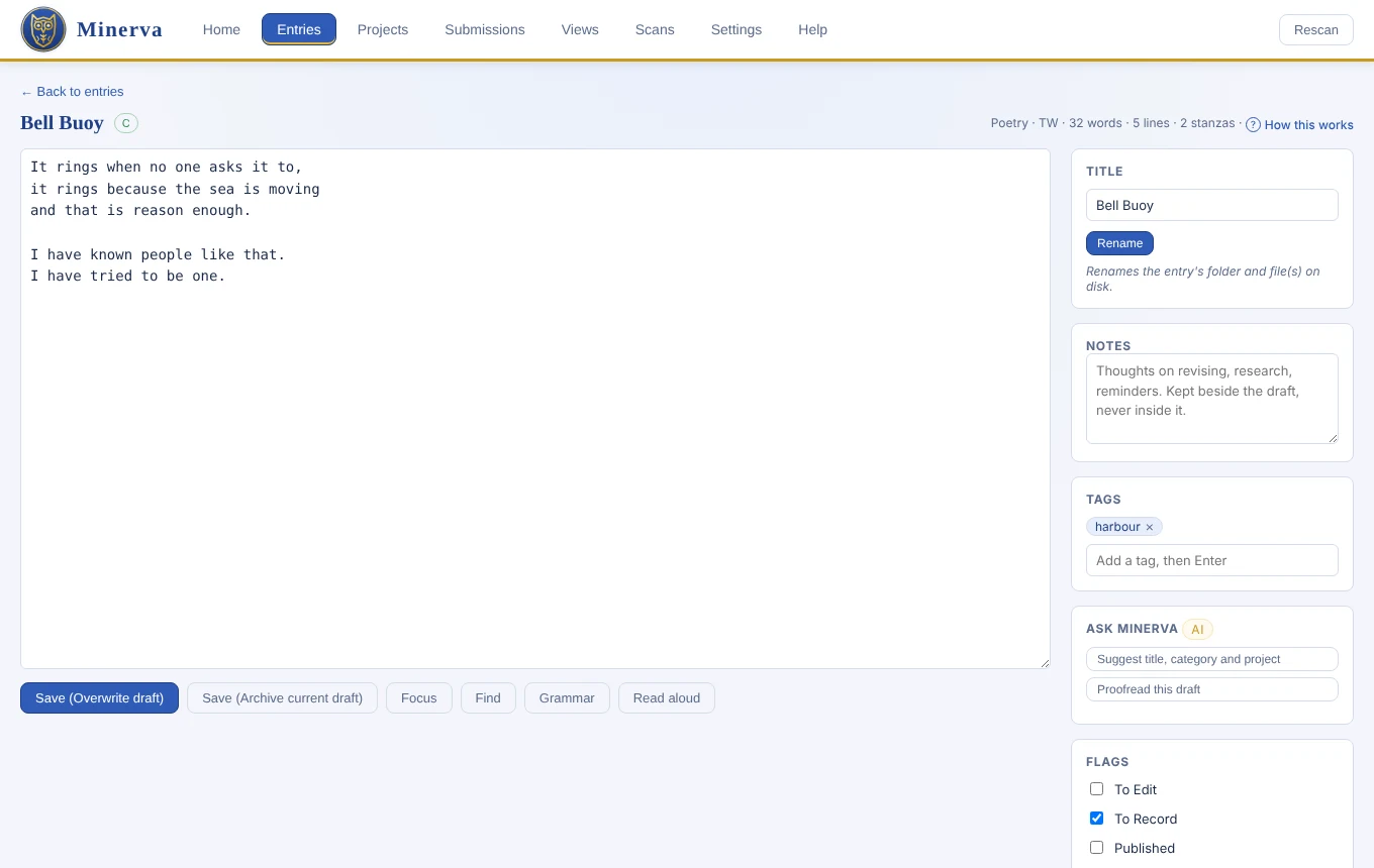 Editing a poem in Minerva, with notes, tags and AI suggestions beside it